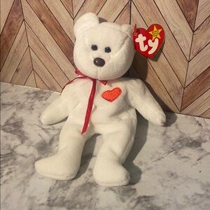 Valentino Ty White Teddy Bear with Red Ribbon Valentines